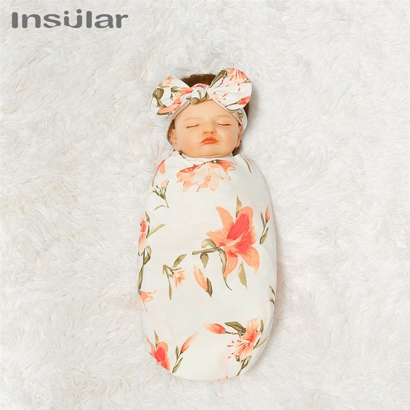 Newborn Printed Swaddle Hat Headband 3Piece Set Infant Print