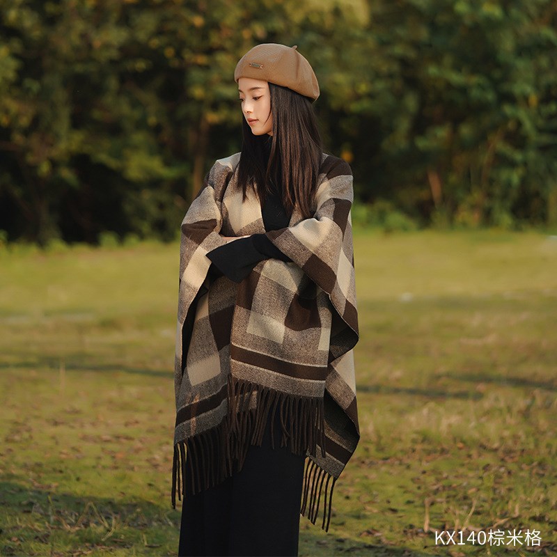 Maillard Cape Poncho Grid Plaid Warm Scarf Womens Thick Oute