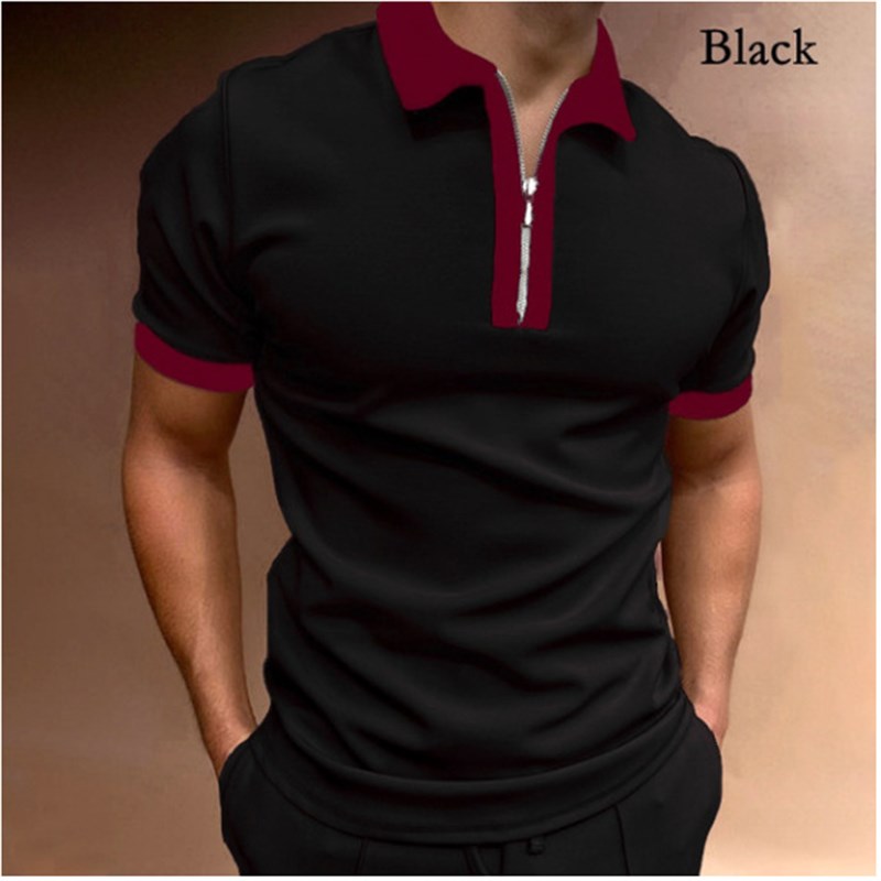 European American Short Sleeve Printed Slim Fit Zipper Colla