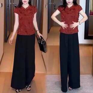 宽松型新中式风立领短袖上衣阔腿裤女夏季显瘦洋气减龄时尚套装