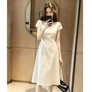 优雅短袖连衣裙女夏季收腰显瘦A字裙圆领中长裙白色修身型A型