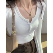 季 简约修身 半开领纽扣打底衫 春款 T恤女韩版 大码 内搭长袖 上衣0201z