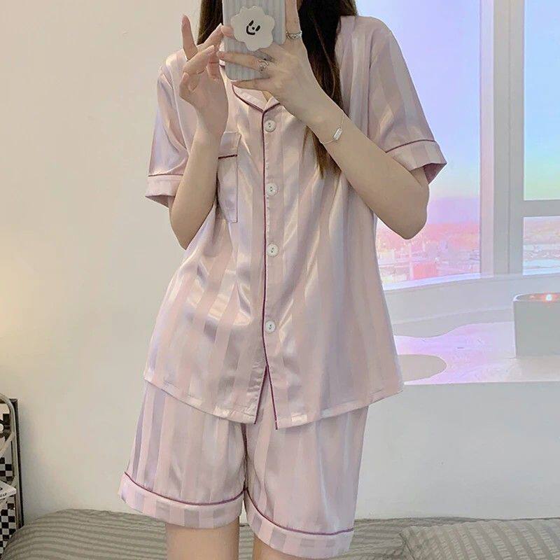 夏季短袖冰丝睡衣女薄款套装纯色坑条香芋紫宽松短裤家居服甜美夏
