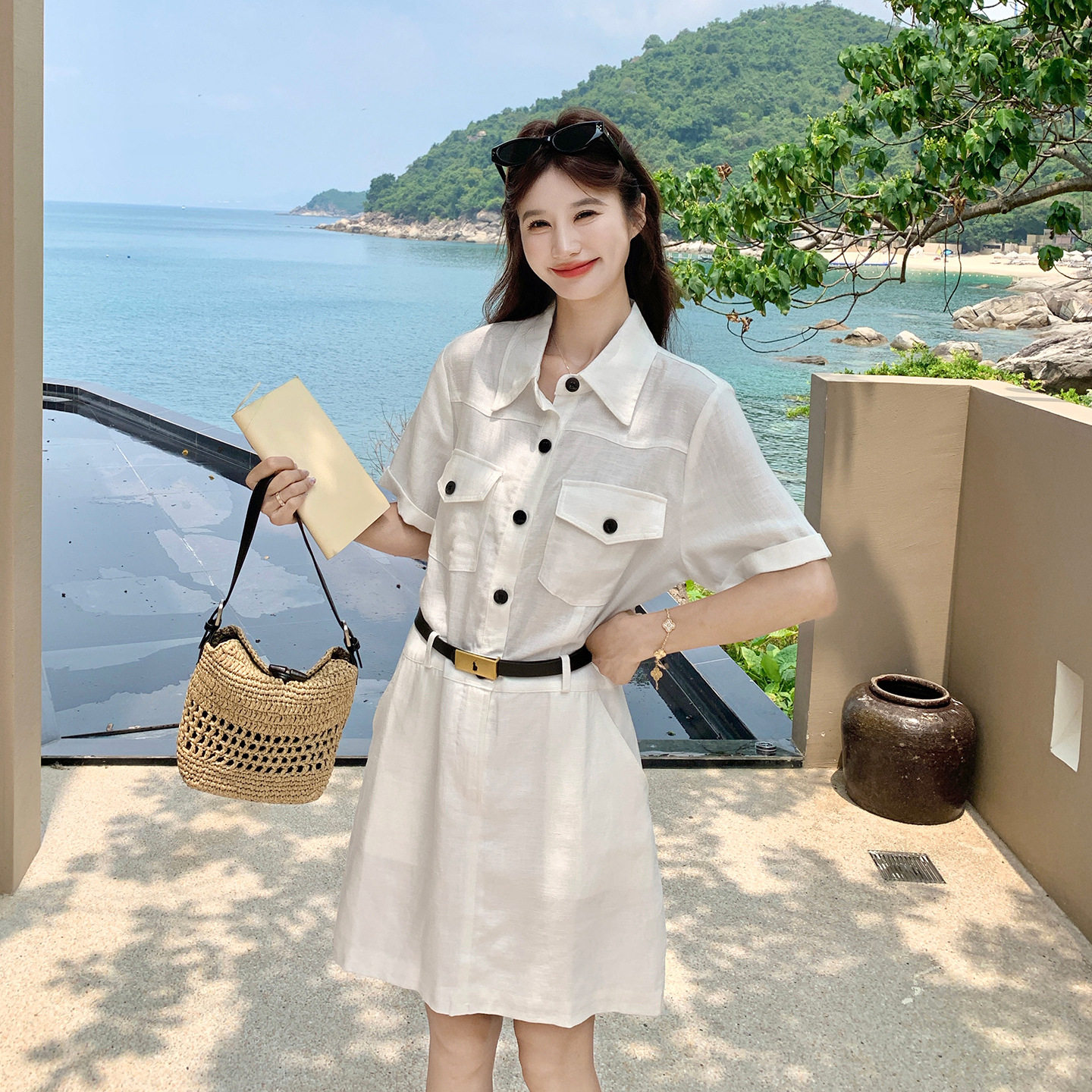 法国Gentle Motto老钱风白色天丝亚麻连衣裙女2026夏季新款工装