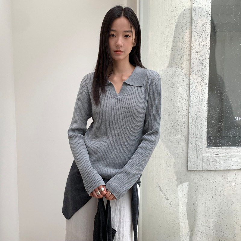 英国cherrykoko 简约基础款套头polo领坑条针织衫女秋季长袖上衣