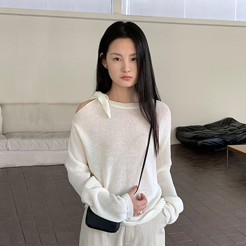 英国cherrykoko 甜美气质单露肩绑带针织衫女春季宽松薄款上衣