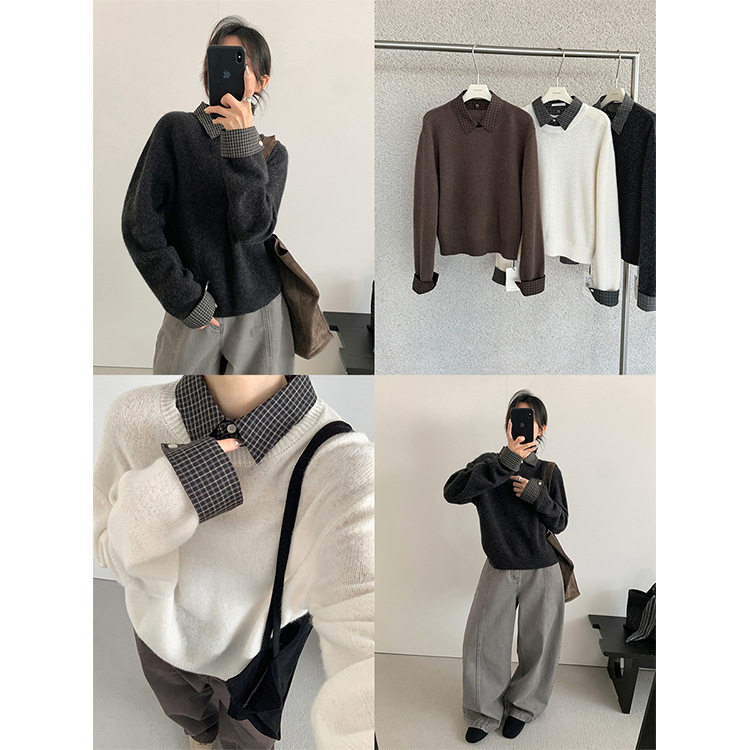 英国cherrykoko 复古格子衬衫拼接假两件polo针织毛衣女秋冬