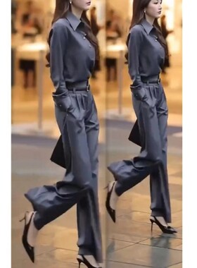 英国chrry koop春季新款时尚长袖翻领衬衫高腰直筒西裤长裤女