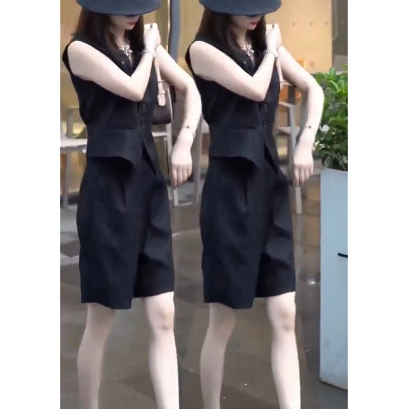 英国chrry koop夏季新款小众设计无袖单排马甲高腰休闲中裤女