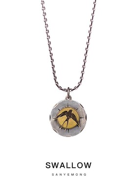 英国chrry koop复古原创925银燕子硬币吊坠 复古做旧圆牌中性