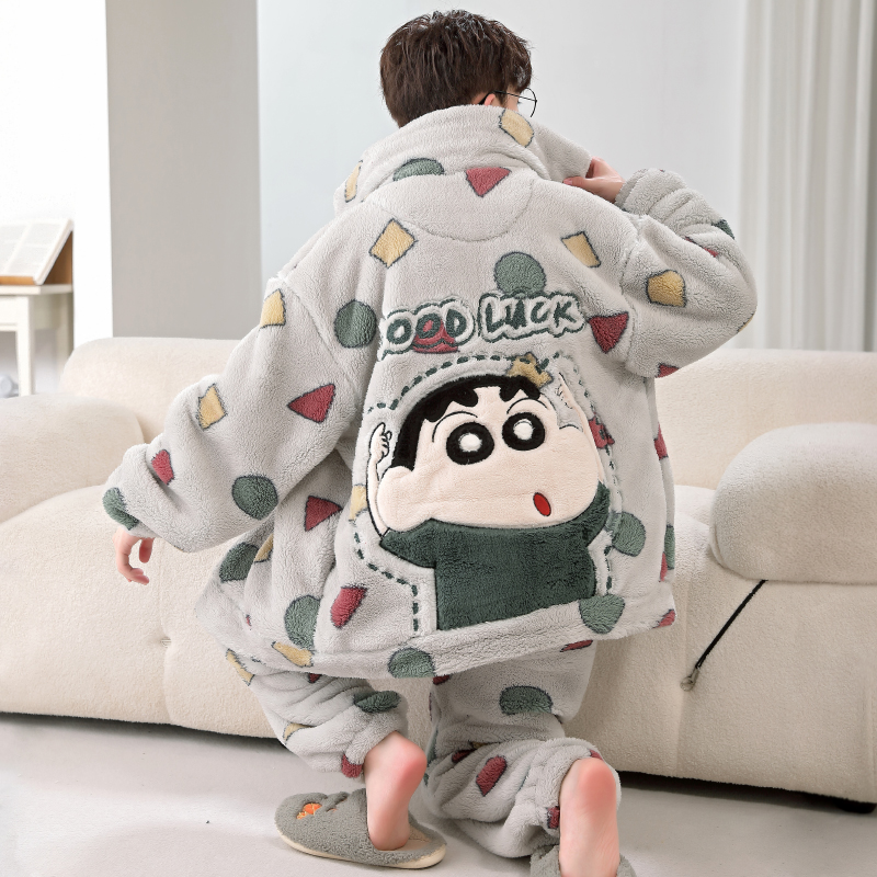 全棉纯棉蜡笔小新珊瑚绒男款睡衣秋冬季学生大童青少年大码加绒加