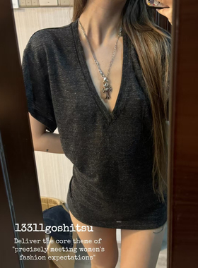 13311原创亚麻宽松简约v领短袖T恤大领口半袖显瘦慵懒上衣夏季新