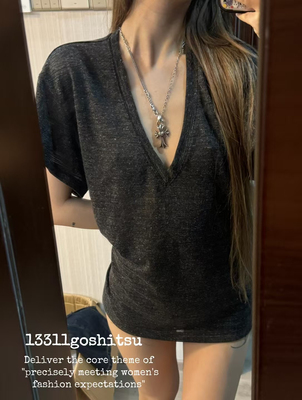 短袖简约薄款大V领短袖亚麻T恤女