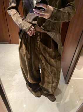 13311设计感不规则棕色中低腰阔腿裤灯芯绒宽松渐变休闲裤