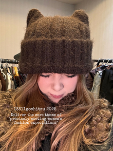13311可爱猫耳朵毛线帽女秋冬棕色大头针织帽保暖护耳毛绒帽子