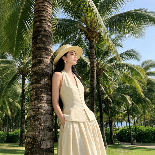 MEGAN春夏漂亮上衣女2026新款气质感马甲半身裙杏色套装