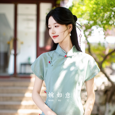 棠娜绿色旗袍女夏薄款年轻款