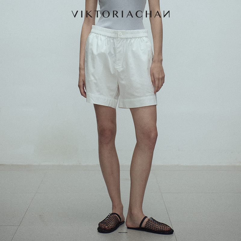 一粒扣松紧腰宽松阔腿休闲短裤