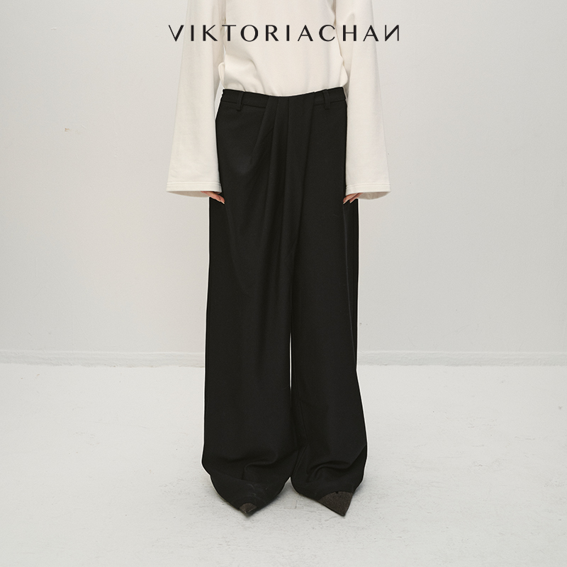 不对称斜褶设计高腰休闲长裤