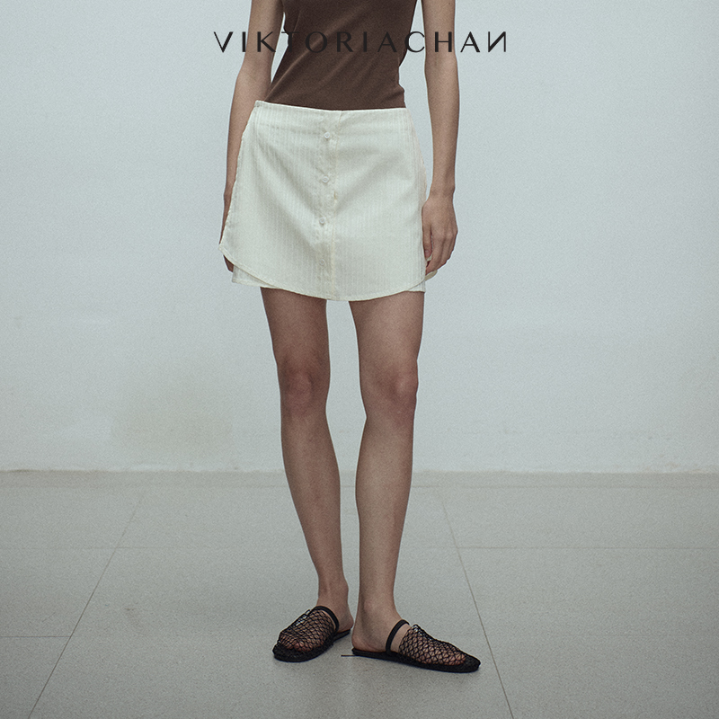 假两件条纹肌理开衩短款裙裤