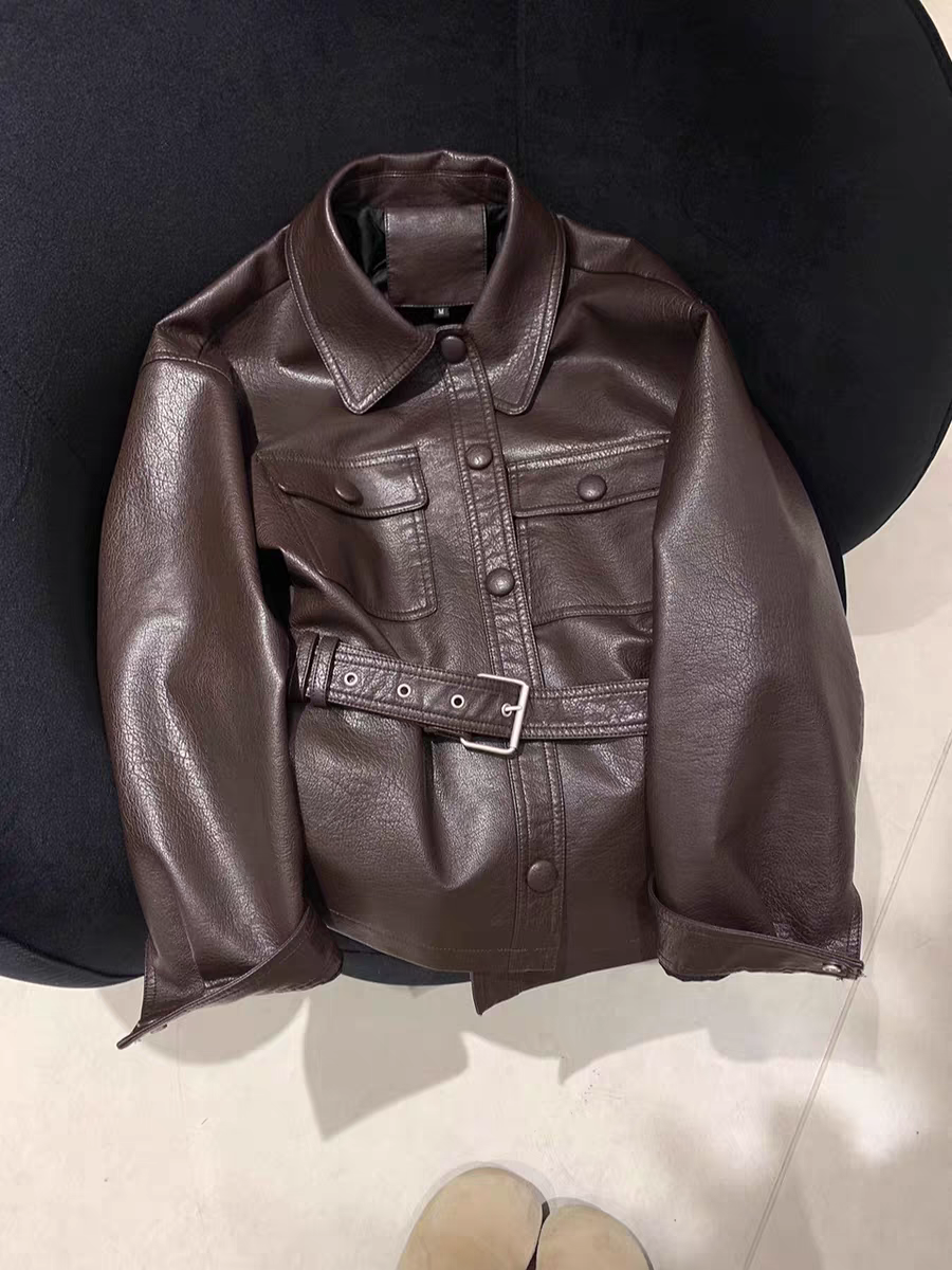 W MASK宋佳款复古港风pu皮夹克外套女2025束腰显瘦翻领时髦上衣