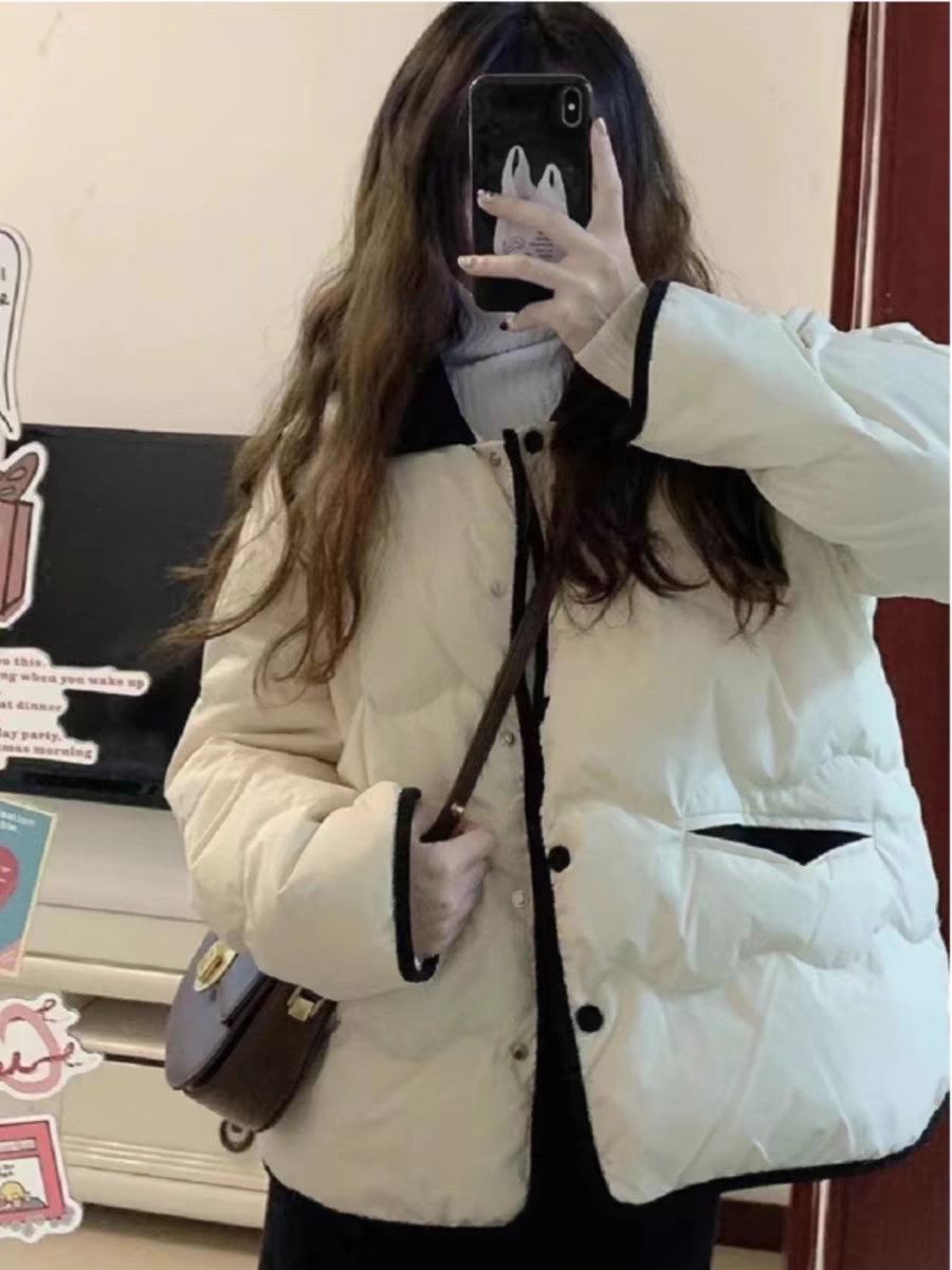 羽绒棉服女2024冬季新款小众拼接棉衣波浪纹菱格小棉袄