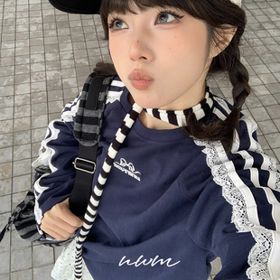 网红同款黑白条纹细窄围巾秋冬简约百搭飘带系脖领巾发带头饰发饰