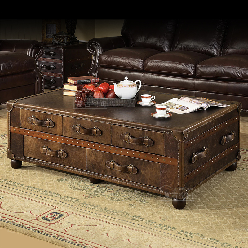 复古皮箱茶几欧式美式储物咖啡桌中古风雪茄吧会客室真皮做旧桌子