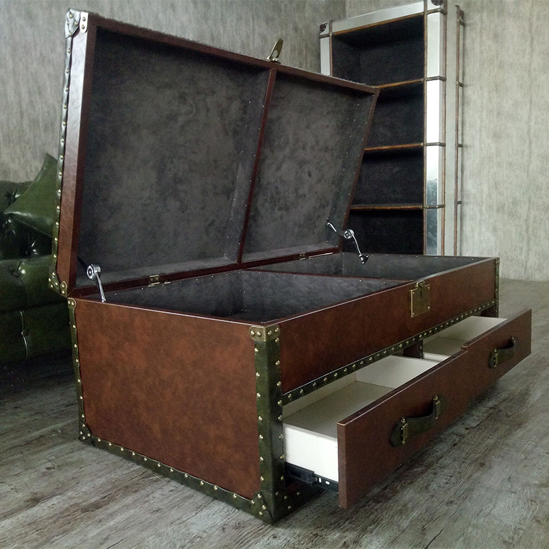 法式茶几开盖咖啡桌客厅复古皮箱子简约现代收纳做旧茶几原木欧式
