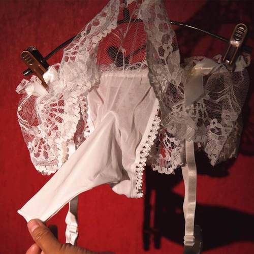 超薄透明男士jj套内裤伪娘用品cd变装低腰女装大佬网纱吊带丁字裤