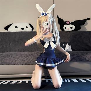 大码150斤兔女郎纯欲禁欲系紧身制服开裆泳衣女绑带连体衣裙qqny