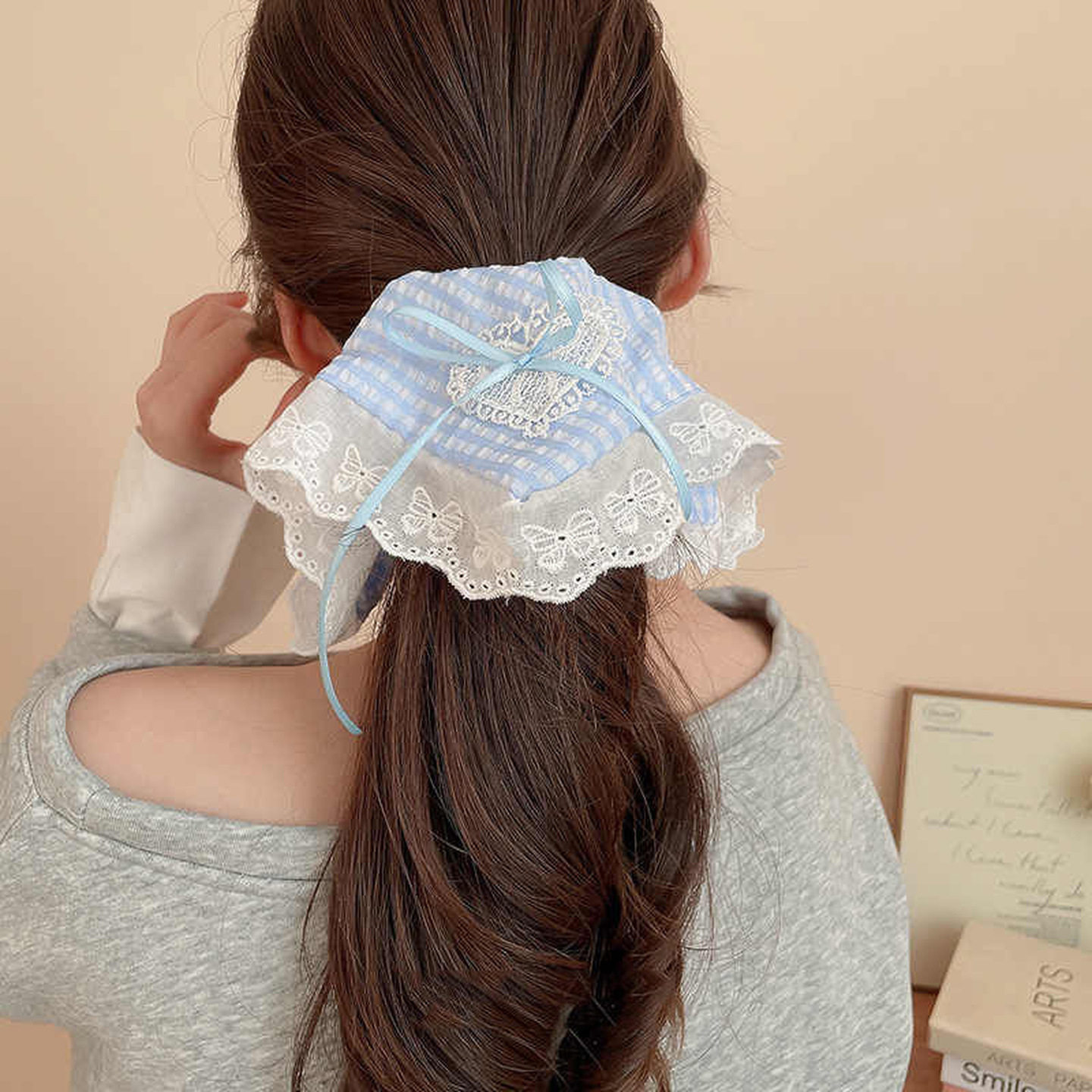 方巾式发圈韩系蓝色格子大肠发圈女方形头绳高级感慵懒风扎头发