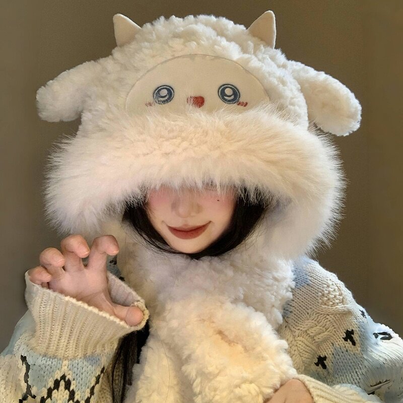 围巾帽子一体毛茸茸可爱女新款卡通防风防寒保暖帽加厚护耳雷锋帽