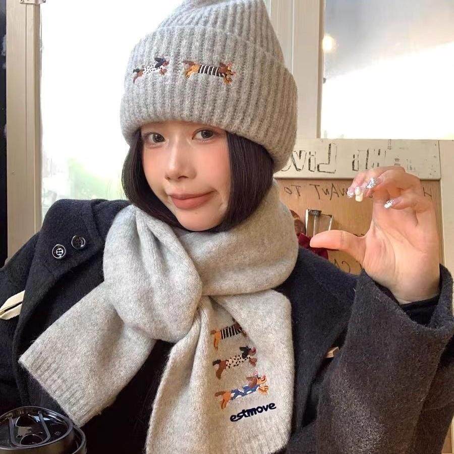 刺绣帽子围巾套装氛围感毛线柔软围脖情侣学生可爱小狗加厚针织帽