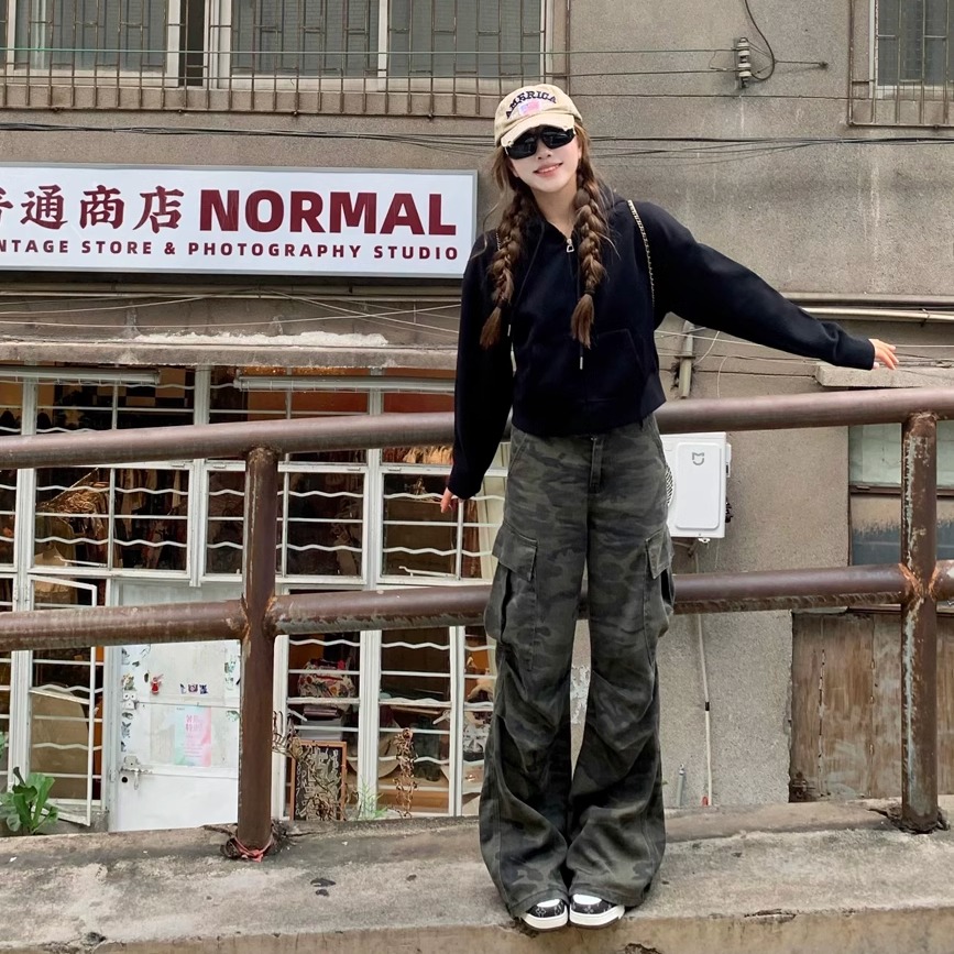 美式微喇宽松显瘦迷彩工装裤长裤