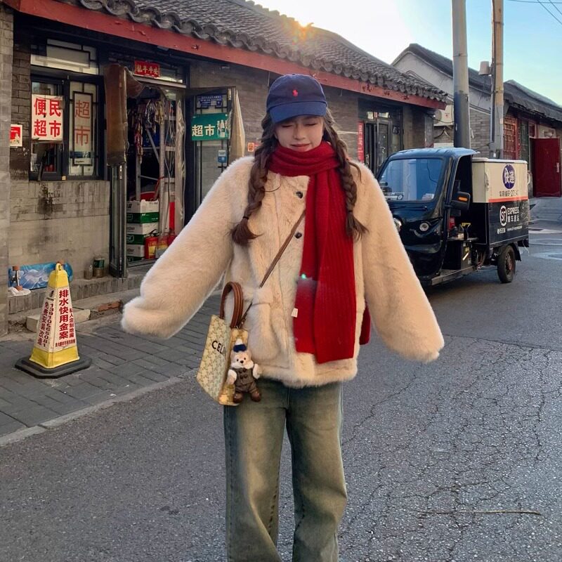罗诚意【冬日暖阳】杏色环保皮草一体立领毛毛外套女宽松显瘦上衣