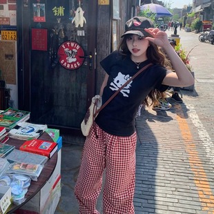 鬼马精灵 黑色纯棉正肩短袖 罗诚意 夏季 上衣 T恤女修身 显瘦短款