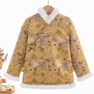 中大童冬装加厚保暖外套上衣女盘扣新织锦缎中国风唐装夹棉花棉袄