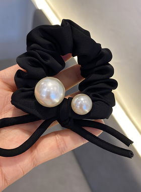 黑色缎面高级感蝴蝶结仿珍珠高弹大肠圈发绳法式优雅气质头绳女