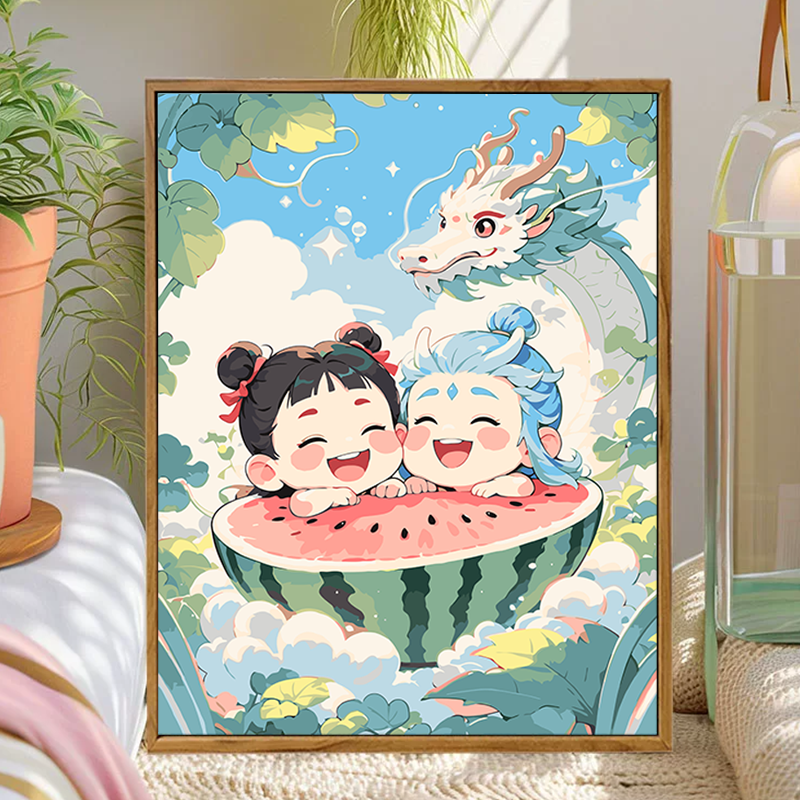 哪吒敖丙数字油画diy填充填色手工手绘卡通儿童丙烯油彩画装饰画图片