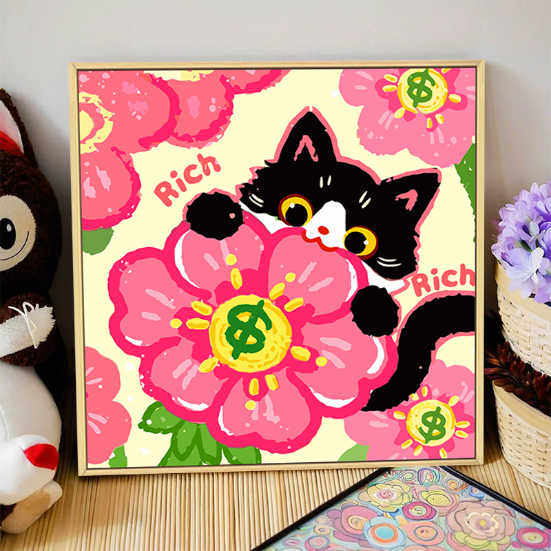 发财猫咪数字油画diy填充填色手工绘可爱卡通小猫丙烯油彩装饰画图片