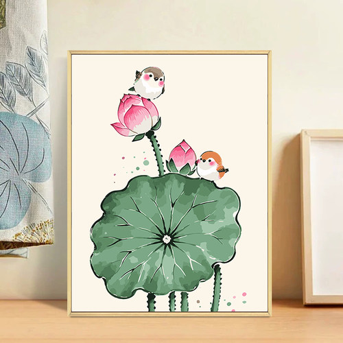 荷花小鸟diy数字油画中式装饰画