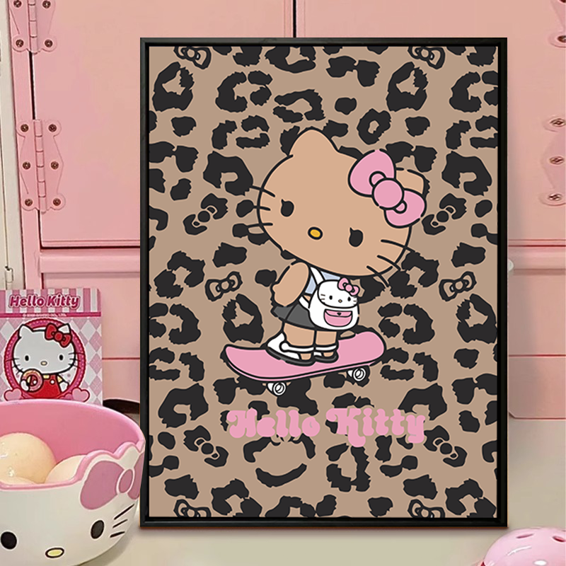 黑皮HelloKitty数字油画diy填充色手工绘豹纹凯蒂猫丙烯画装饰画图片