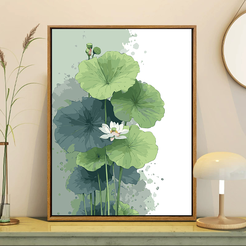 中国风荷花数字油画diy填充填色手工绘新中式风景丙烯油彩装饰画图片
