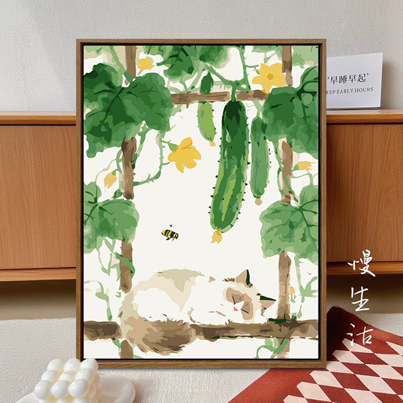 慵懒猫咪数字油画diy填充填色手工绘布偶橘猫丙烯油彩画装饰挂画图片