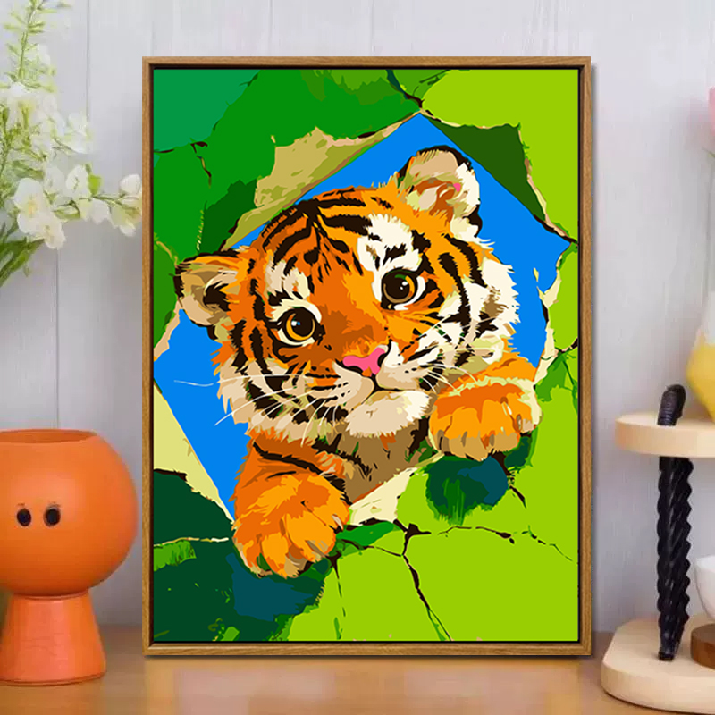可爱老虎数字油画diy填充填色手工绘治愈小动物丙烯油彩画装饰画图片