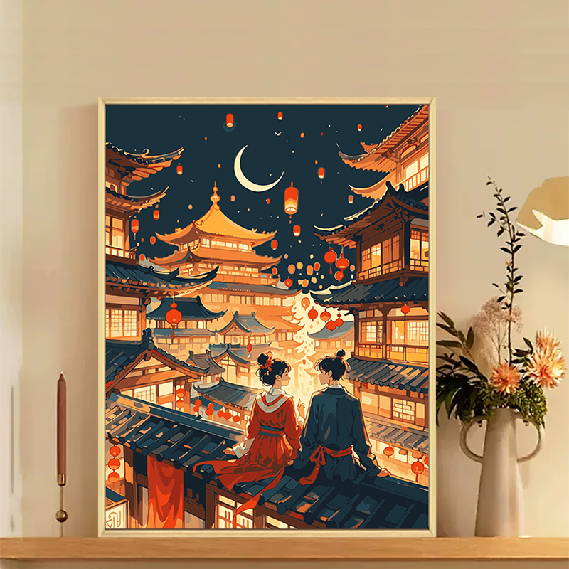 大唐盛世中国风数字油画diy填充色手工情人节情侣礼物丙烯装饰画图片