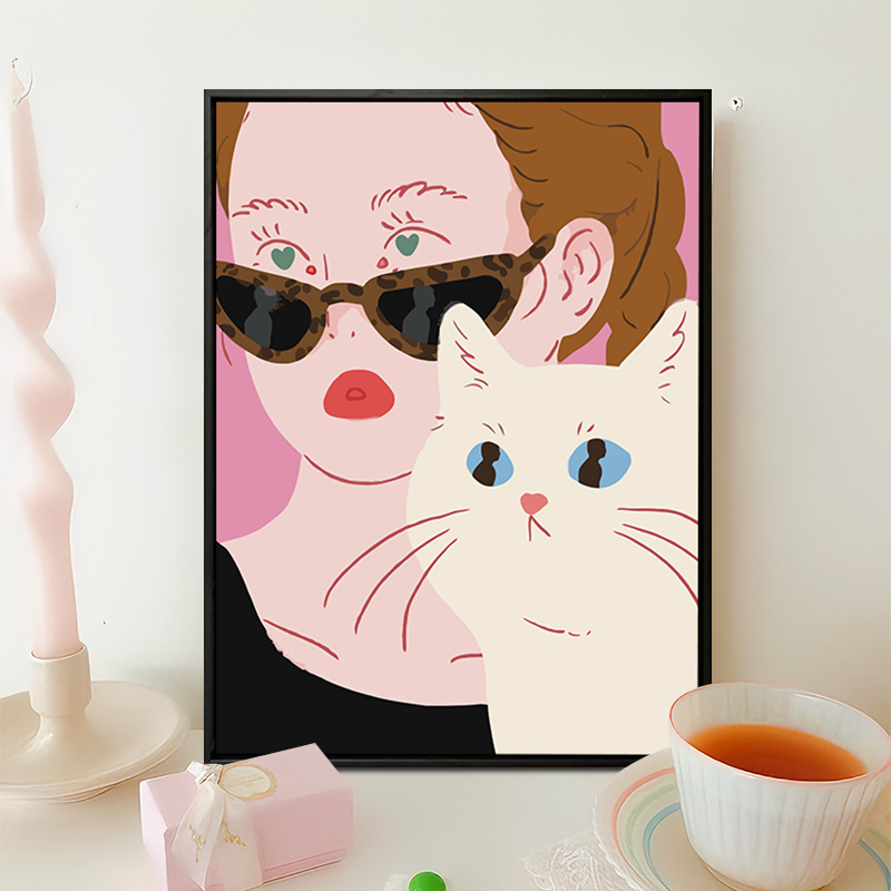 ins女孩和猫数字油画diy填充填色手工绘治愈系丙烯油彩画装饰画图片