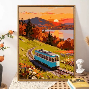 秋日晚霞数字油画diy填充填色手工绘治愈系风景丙烯油彩装饰挂画