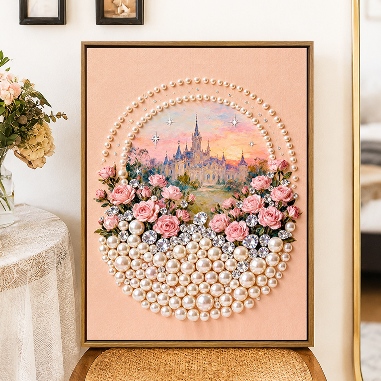浪漫玫瑰城堡diy珍珠画装饰挂画